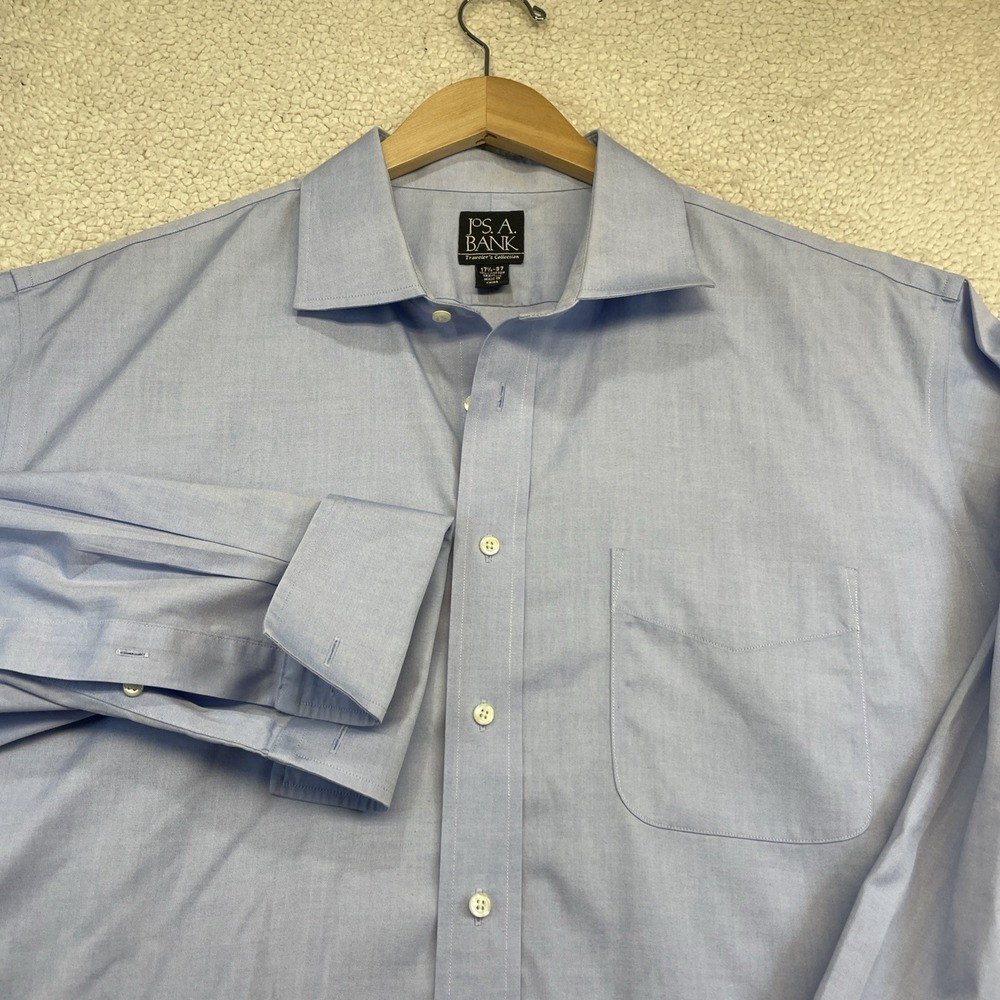 Jos A Bank Button Down Men 17.5-37 Blue Traveler's Collection Dress Shirt Cotton